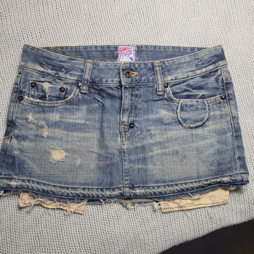 Prps Distressed Denim Mini Skirt Light Wash Raw Hem Low Rise Streetwear size 27